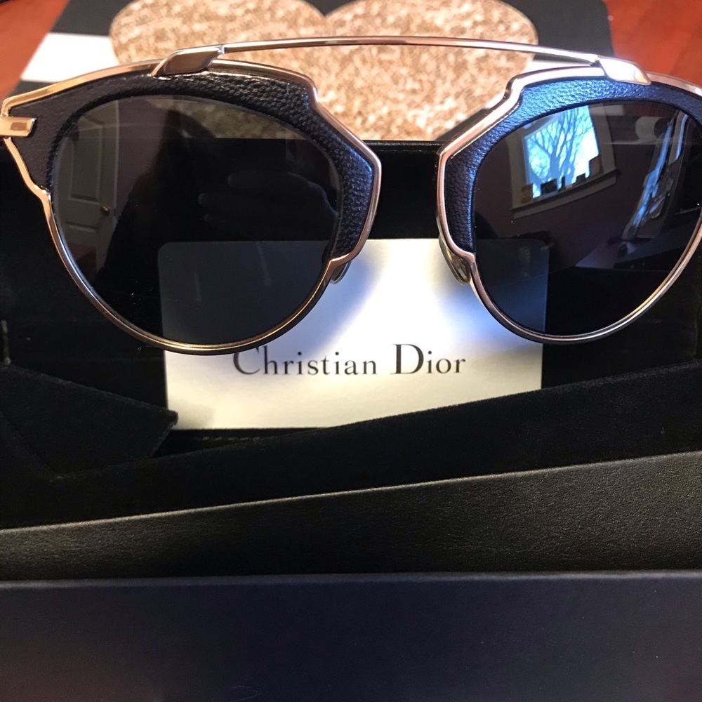 SOLD 🎈CHRISTIAN DIOR So Real Black Gold Leather Aviator Sunglasses Authentic - Picture 3 of 9